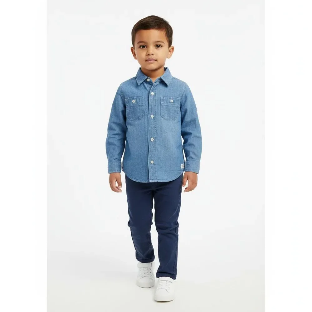 Denim Top Boys 4T Shirt Blue Button Up Long Sleeve Preppy Classic School Fall
